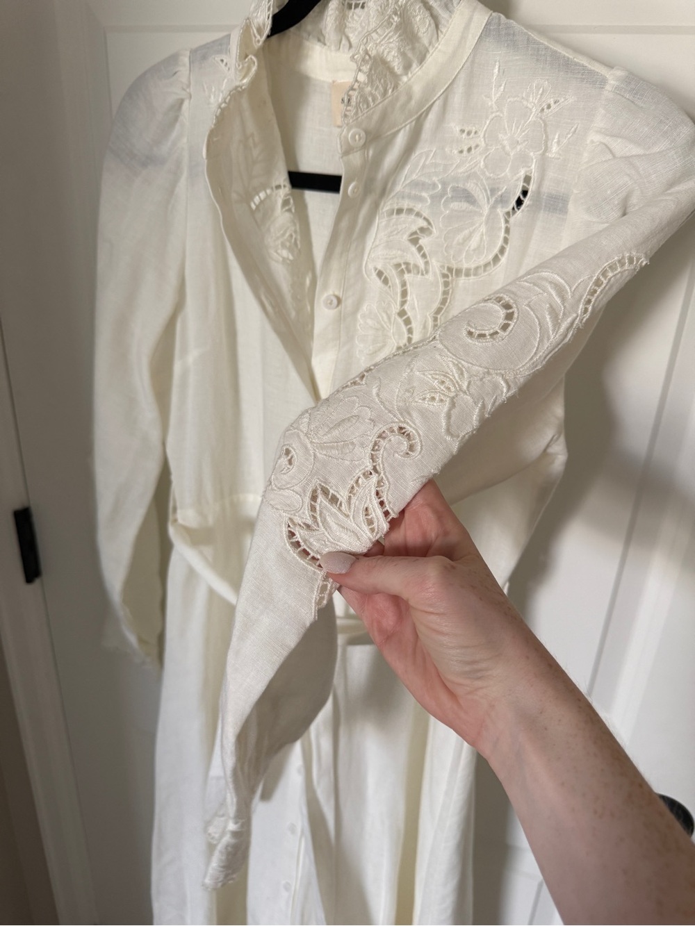 Sezane Cream Embroidered Linen Dress - Belted Shirt Dress - Picture 6 of 9